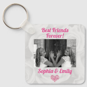Best Friends Besties BFF Add Photo Names Cute Pink Keychain