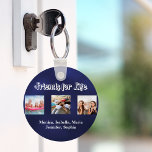 Best friends BFF photo names navy blue white Keychain<br><div class="desc">A gift for your best friend(s) for birthdays,  Christmas or a special event. White text: Friends for life,  written with a trendy style script. Personalize and use your own photos and names. Navy blue background.  The blue colour is uneven.</div>