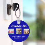 Best friends BFF photo names royal blue white Keychain<br><div class="desc">A gift for your best friend(s) for birthdays,  Christmas or a special event. White text: Friends for life,  written with a trendy style script. Personalize and use your own photos and names. Royal blue background.</div>
