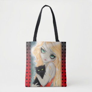 Best Friends Big Eye Girl and Black Kitty Art Tote Bag