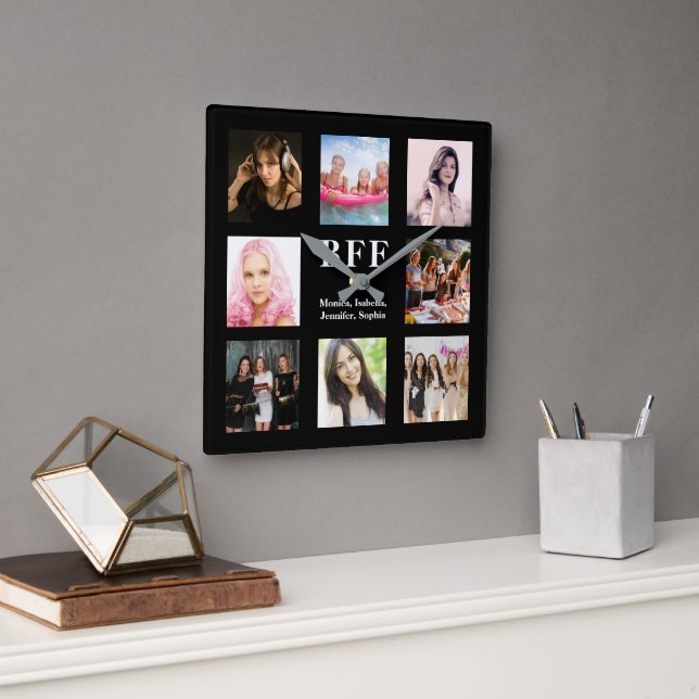Best friends black photo collage bff square wall clock (Office)