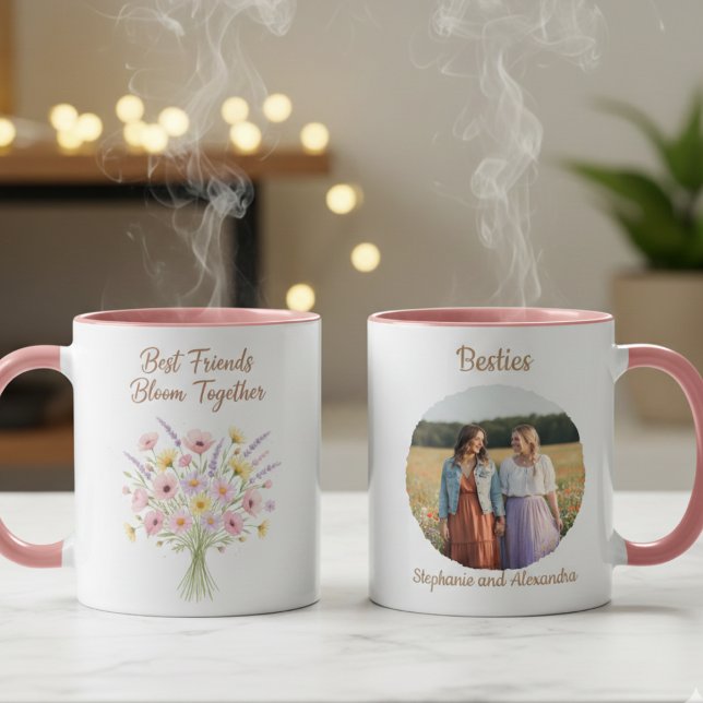 Best Friends Bloom Together Floral Birthday Gift Mug (Best friend floral photo coffee mug)