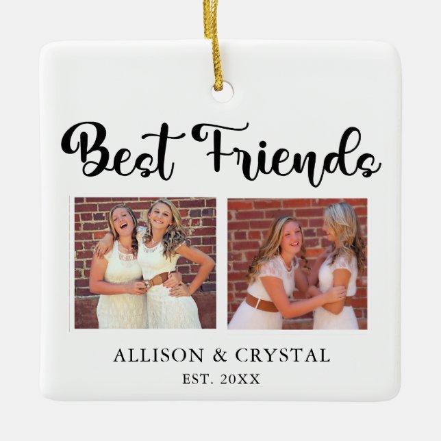 Best Friends Collage 2 Square photos script BFF Ceramic Ornament (Front)