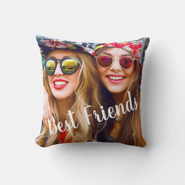 Best Friends Cursive Script Square Photo Throw Pillow (Front)