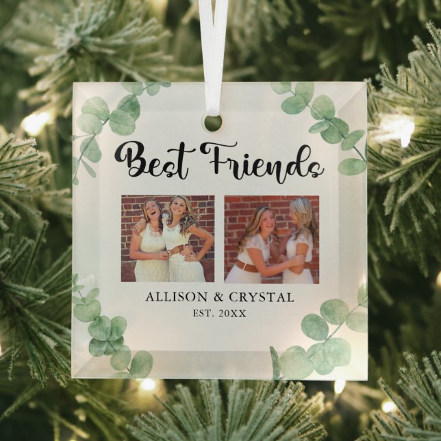 Best Friends Custom 2 Photo Collage Eucalyptus Glass Ornament (Insitu)
