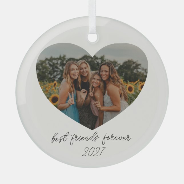 Best Friends Forever BFF Custom Heart Photo Year Glass Ornament (Front)