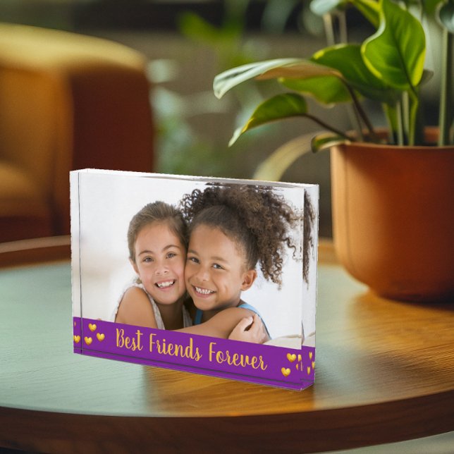 Best Friends Forever Gold Hearts Script Purple Photo Block (Creator Uploaded)