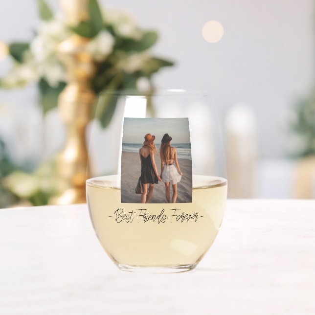 Best Friends Forever One Photo Stemless Wine Glass (Insitu (Wedding))