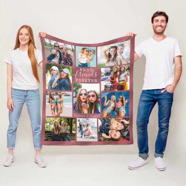 BEST FRIENDS FOREVER Photo Collage Rose Gold Ombre Fleece Blanket (In Situ)