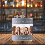Best friends forever photo names silver metal hip flask<br><div class="desc">A gift for your best friend(s) for a birthday party,  bridal shower,  bachelorette party.  Black text: Best Friends Forever,  written with a trendy hand lettered style script. Personalize and use your own photo and names. A faux silver metallic looking background.</div>