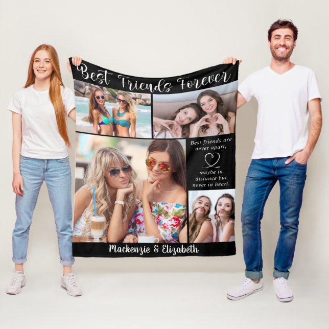 Best Friends Forever Script Saying 5 Photos Black Fleece Blanket (In Situ)