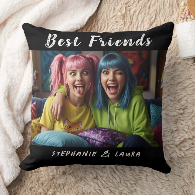 Best Friends Funny Colorful Hair Throw Pillow (Blanket)