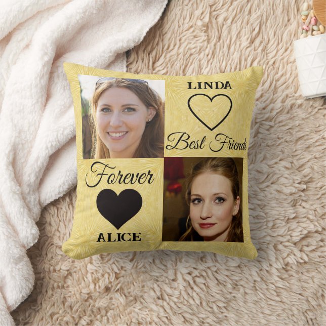 Best Friends Gift Gold Heart Photo Collage  Throw Pillow (Blanket)