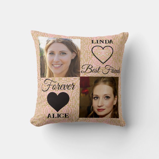 Best Friends Gift Gold Pink Heart Photo Collage Throw Pillow (Front)