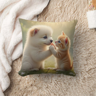 Best friends, give me five - cute puppy and kitty throw pillow