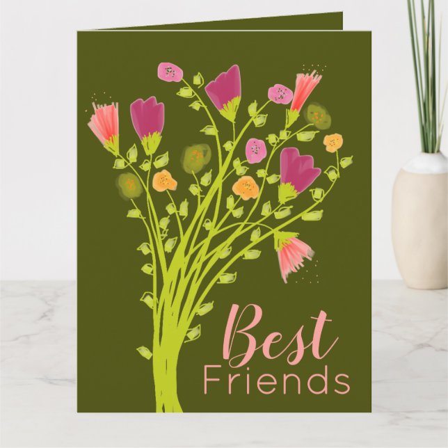 Best Friends Happy Birthday Flowered Olive Card (Front)