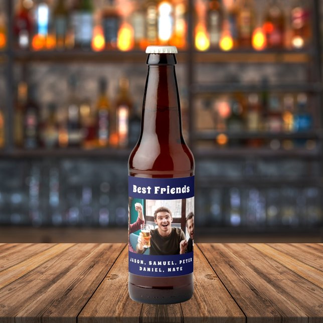 Best friends men guys party photo fun navy blue beer bottle label (Creator Uploaded)