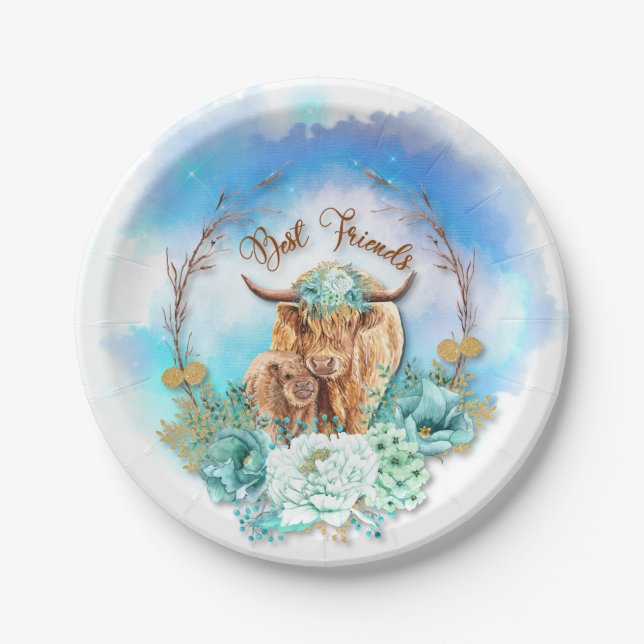 Best Friends Mom Baby Highland Cows Floral Paper Plate (Front)