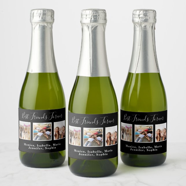 Best friends party black photo names fun sparkling wine label (Bottles)