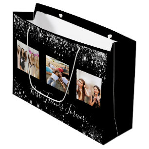 Best friends photo black silver glitter birthday large gift bag