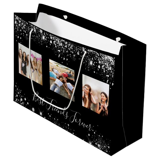 Best friends photo black silver glitter birthday large gift bag (Front Angled)