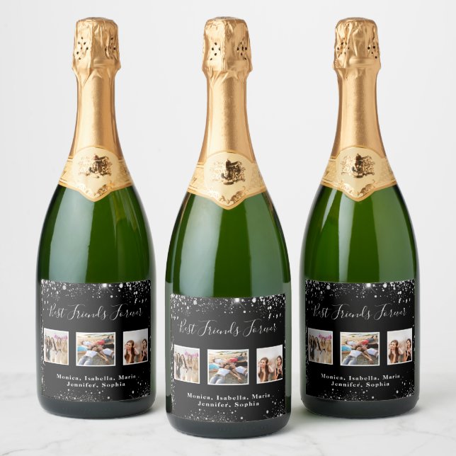 Best friends photo black silver glitter sparkling wine label (Bottles)