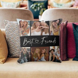 Best Friends Photo Collage Modern Script Heart Throw Pillow