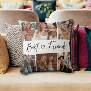 Best Friends Photo Collage Modern Script Heart Throw Pillow