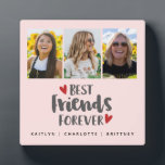 Best Friends Photo Collage Plaque<br><div class="desc">A simple and modern photo collage display for your best friend with 3 photos and the title Best Friends
Forever with hearts on a blush pink backgroundand and personalized with your own text. Designed for you by Blackberry Boulevard.</div>