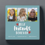 Best Friends Photo Collage Plaque<br><div class="desc">A simple and modern photo collage display for your best friend with 3 photos and the title Best Friends 
Forever with hearts on a teal background and personalized with your own text. Designed for you by Blackberry Boulevard.</div>