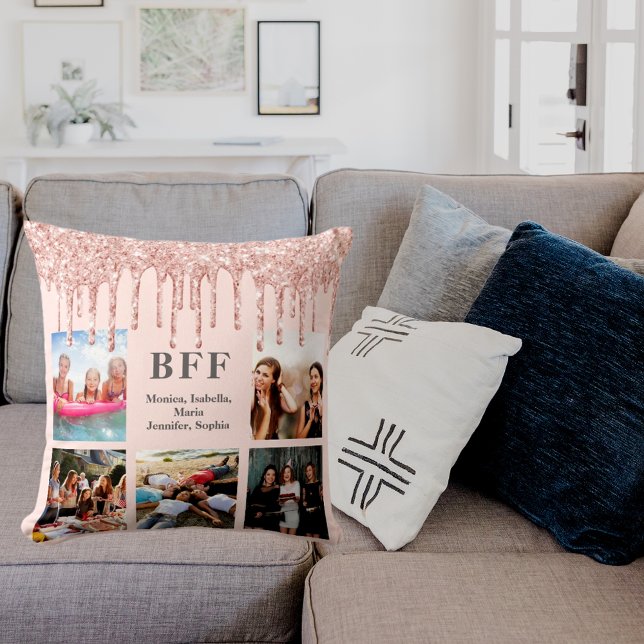 Best friends photo collage rose gold glitter pink throw pillow (Creator Uploaded)
