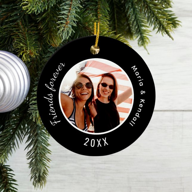 Best friends photo names black ceramic ornament (Creator Uploaded)
