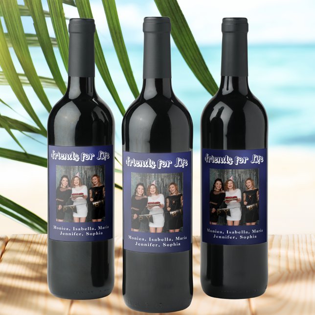 Best friends photo navy blue white script wine label (Creator Uploaded)