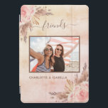 Best friends photo pampas pink floral rose gold iPad pro cover<br><div class="desc">Personalize and add your own photo. A rose gold,  blush pink gradient faux metallic looking background. A brown frame decorated with pampas grass and blush pink florals.  Add your name(s) name and a year.</div>