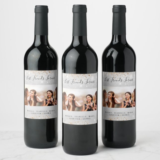 Best friends photo silver glitter gold wine label (Bottles)