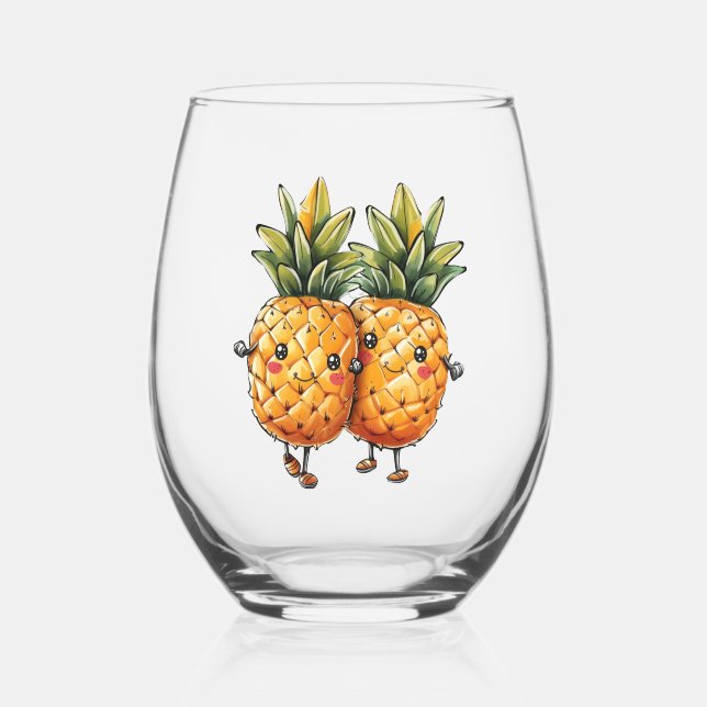 Best Friends Pineapple Kawaii Fruit Summer Stemless Wine Glass (Front)
