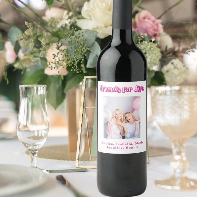 Best friends pink white photo names party wine label (Creator Uploaded)
