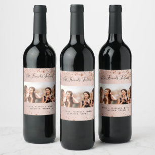 Best friends rose gold glitter photo names wine label