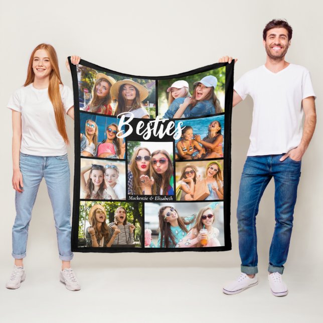 Best Friends Script BESTIES 9 Photo Collage Names Fleece Blanket (In Situ)