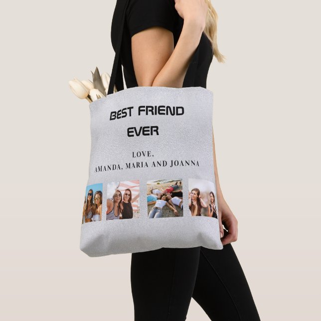 Best friends silver photo collage names tote bag (Close Up)