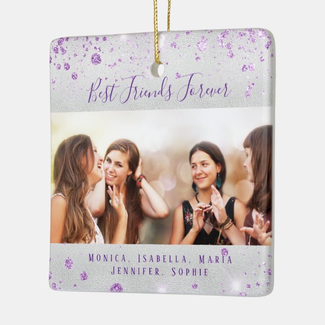 Best friends silver purple glitter names photo ceramic ornament (Left)