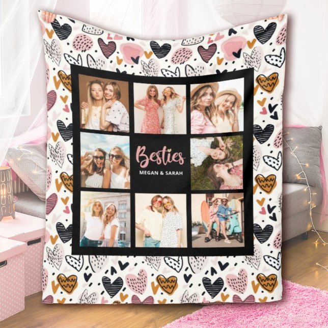 Best Friends Stylish BFF Friendship Photo Fleece Blanket (A cute best friends blanket with a heart pattern background. Personalize 8 photos and your names.)