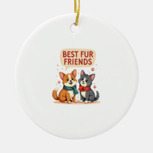 Best Fur Friends Vintage Cute Cat and Dog Cartoon  Ceramic Ornament