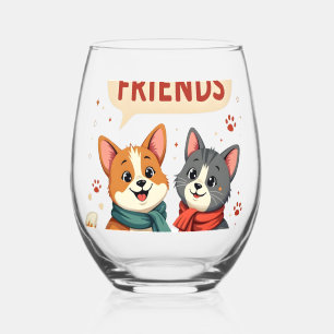 Best Fur Friends Vintage Cute Cat and Dog Cartoon Stemless Wine Glass