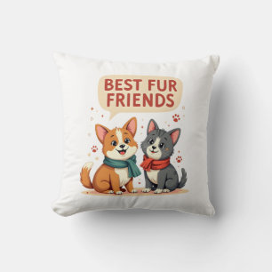 Best Fur Friends Vintage Cute Cat and Dog Cartoon  Throw Pillow