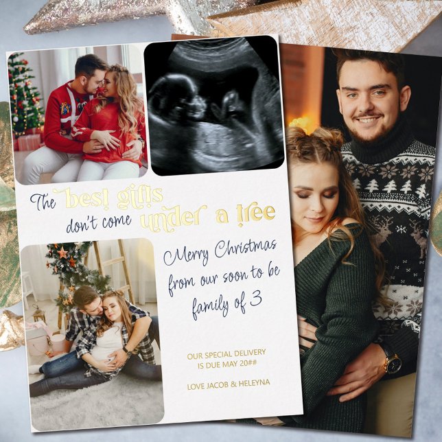 Best Gifts Family of 3 Christmas Pregnancy 4 Photo Foil Holiday Card (Creator Uploaded)