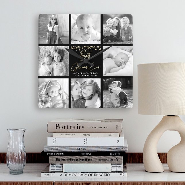 Best Glamma Ever 8 Photo Collage Gold Glitter Chic Square Wall Clock (Creator Uploaded)
