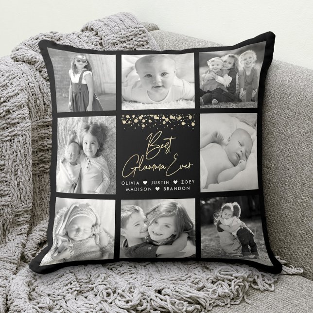 Best Glamma Ever Gold Glitter 8 Photo Collage Chic Throw Pillow (Creator Uploaded)