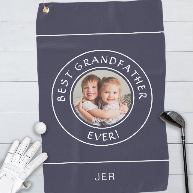 Best Grandfather Ever Golfer Cute Photo Gift Blue Golf Towel (Creator Uploaded)