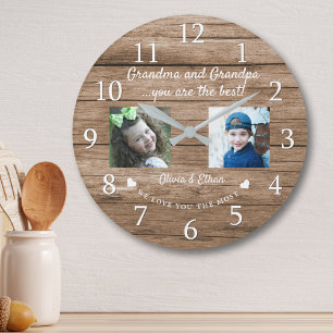 Best Grandma and Grandpa Grandkids 2 Photo Wood Large Clock